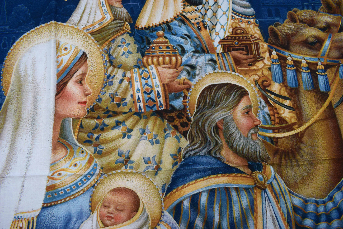 Nativity Scene Christmas Fabric Panel with Wise Men and Angel