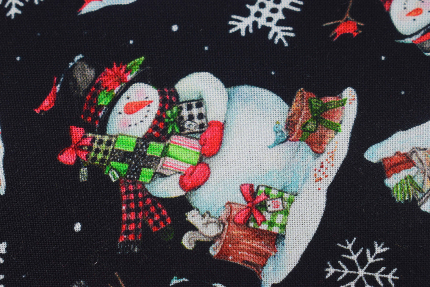Snowman Christmas cotton fabric with gifts, animals and winter accents - Price by Half Metre