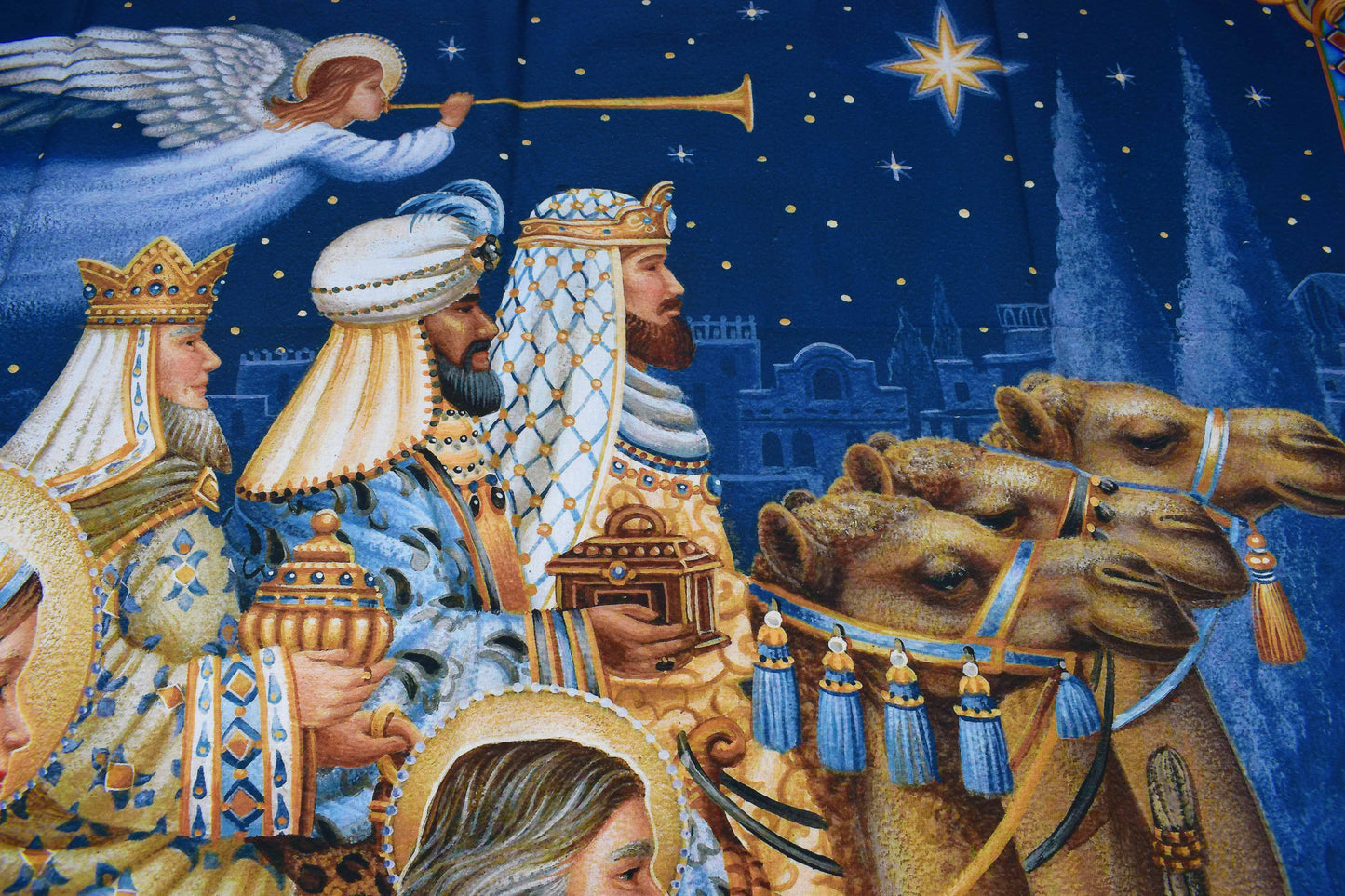 Nativity Scene Christmas Fabric Panel with Wise Men and Angel