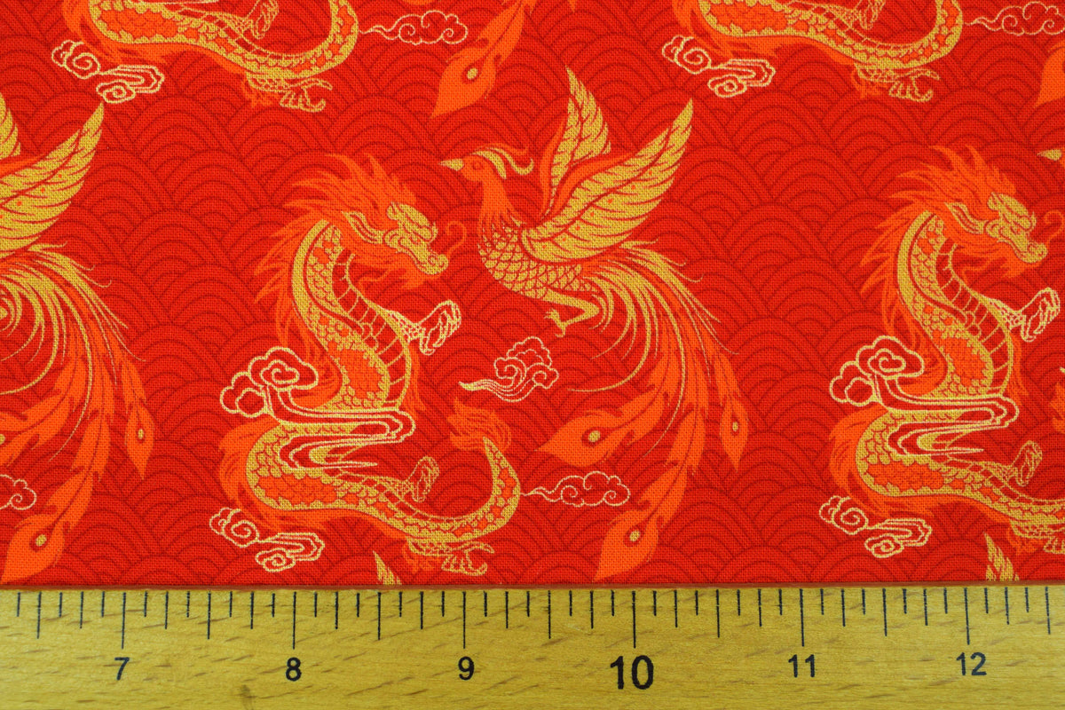 Dragon and Phoenix Quilting Fabric Red Gold Asian Mythical Design -  Price by the Half Metre