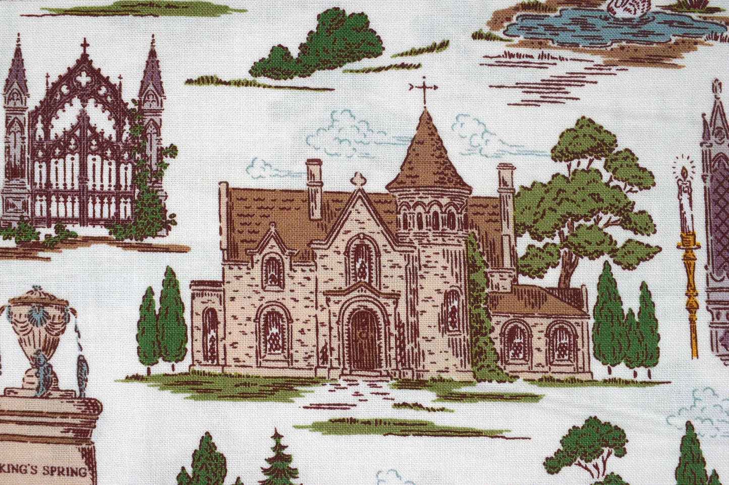 Northanger Abbey cotton fabric with vintage architecture & countryside print - Price by Half Metre