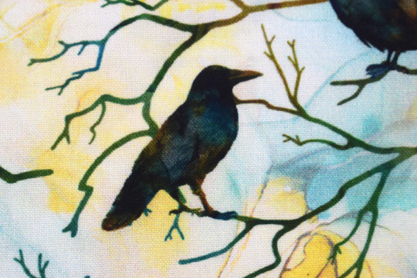 Raven Moon Quilting Fabric - Black Crows & Full Moon Watercolour Cotton - Price per half Metre