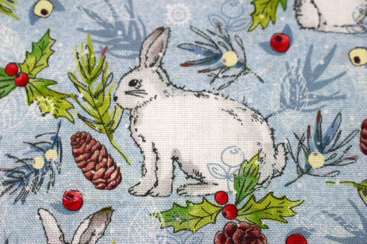 Winter Rabbits Cotton Quilting Fabric – Woodland Christmas Print for Crafts - Price by Half Metre