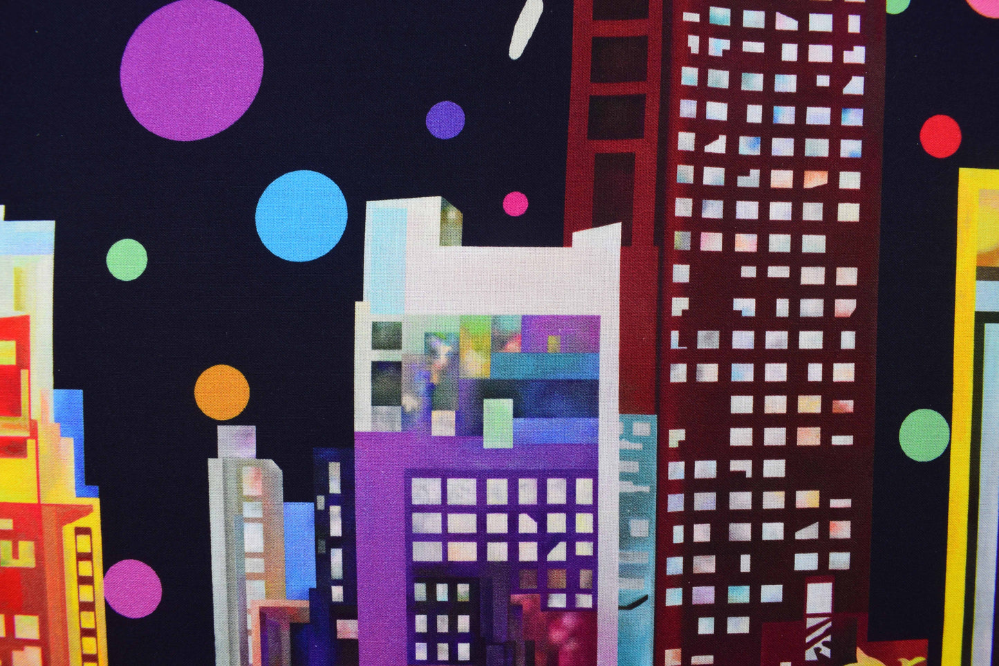 Vibrant City Skyline Quilting Panel, Colourful Abstract Metropolis Fabric Art - The Quilt Sanctuary
