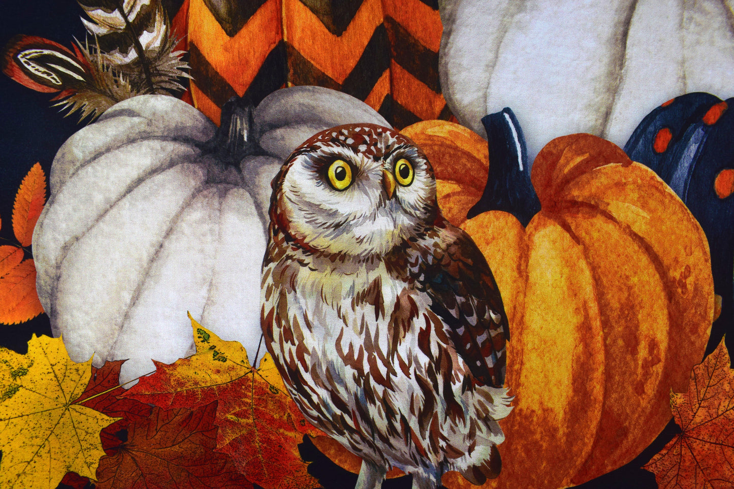 Autumn Owl and Pumpkin Fabric Panel by Deborah Edwards