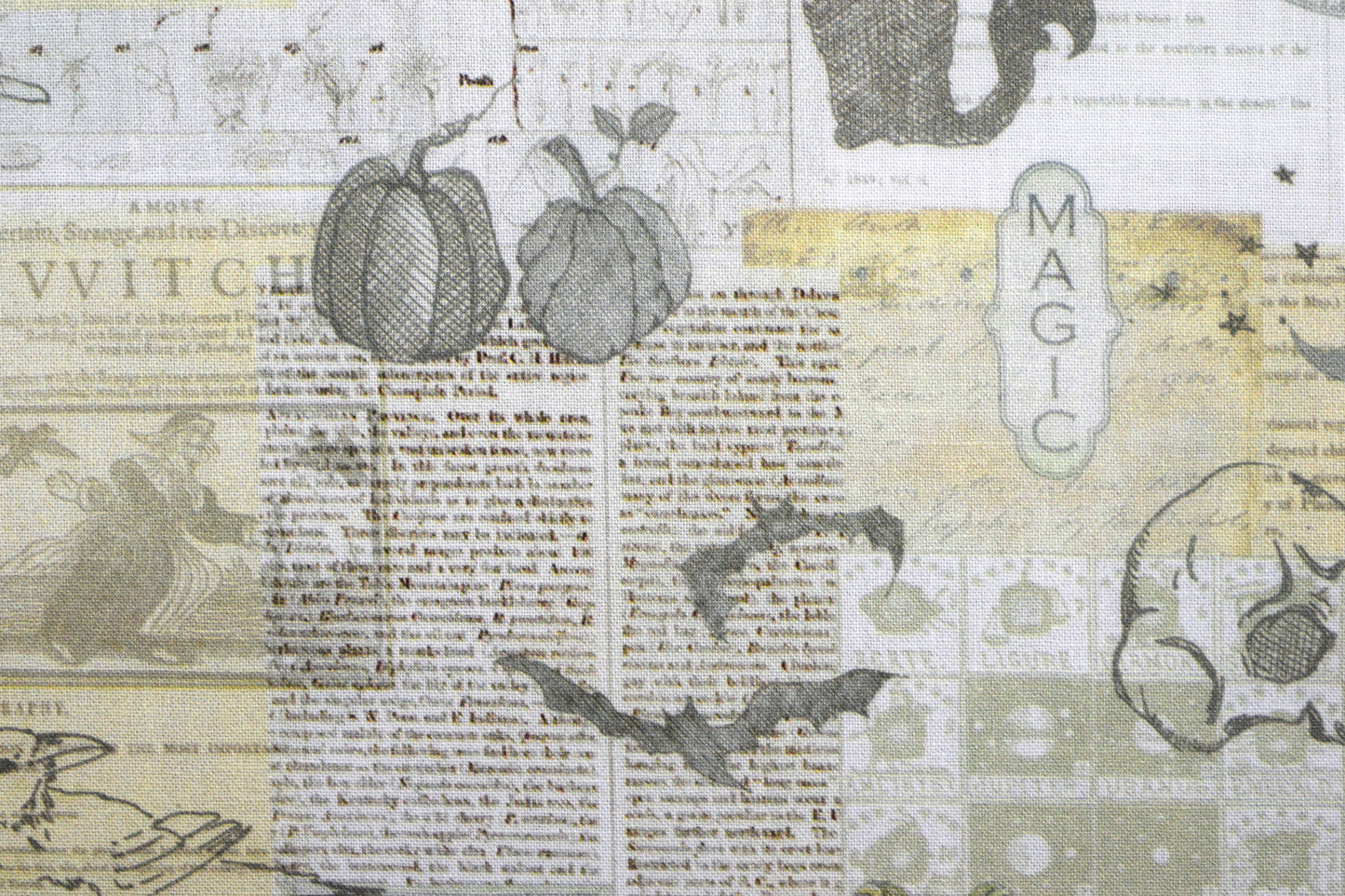Witchcraft Halloween Quilting Fabric, Gothic Newspaper Print Cotton- Price per half Metre - The Quilt Sanctuary
