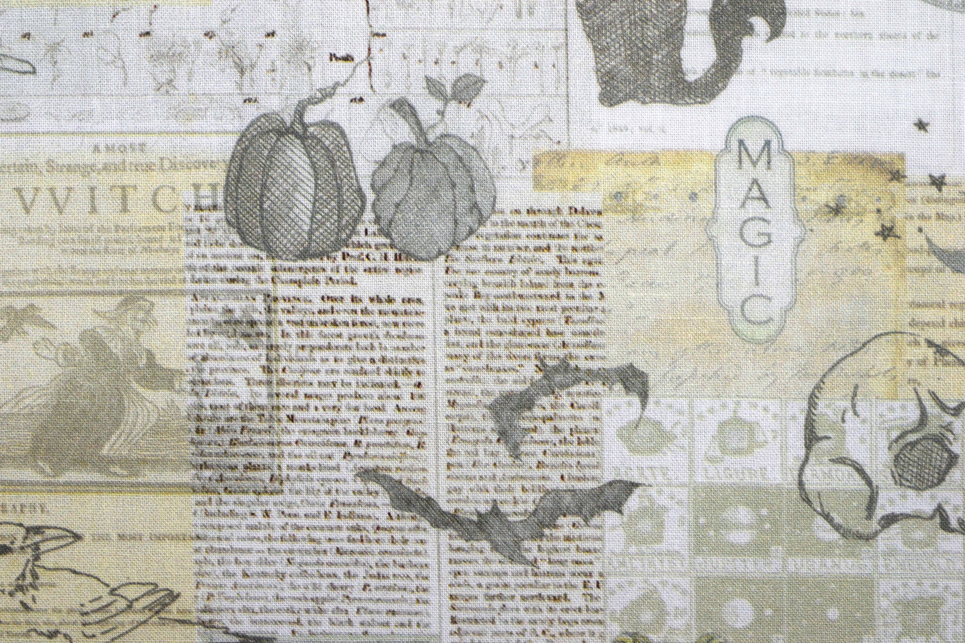 Witchcraft Halloween Quilting Fabric, Gothic Newspaper Print Cotton- Price per half Metre - The Quilt Sanctuary
