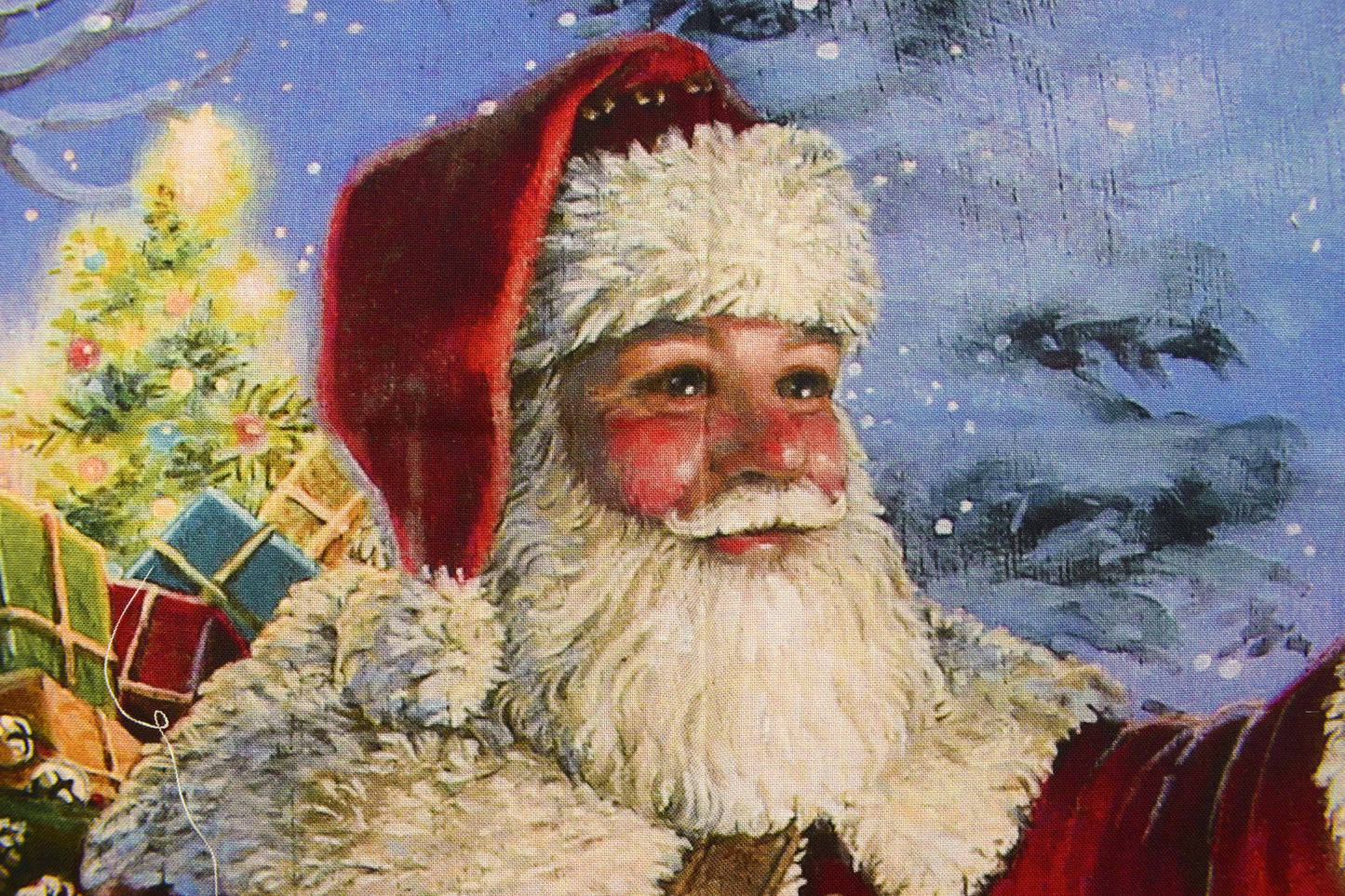Santa in Snowy Forest with Lantern Christmas Fabric Panel