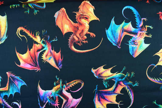 Dragon Quilting Fabric, Cotton, Multi-Coloured Dragons  - Price by the Half Metre