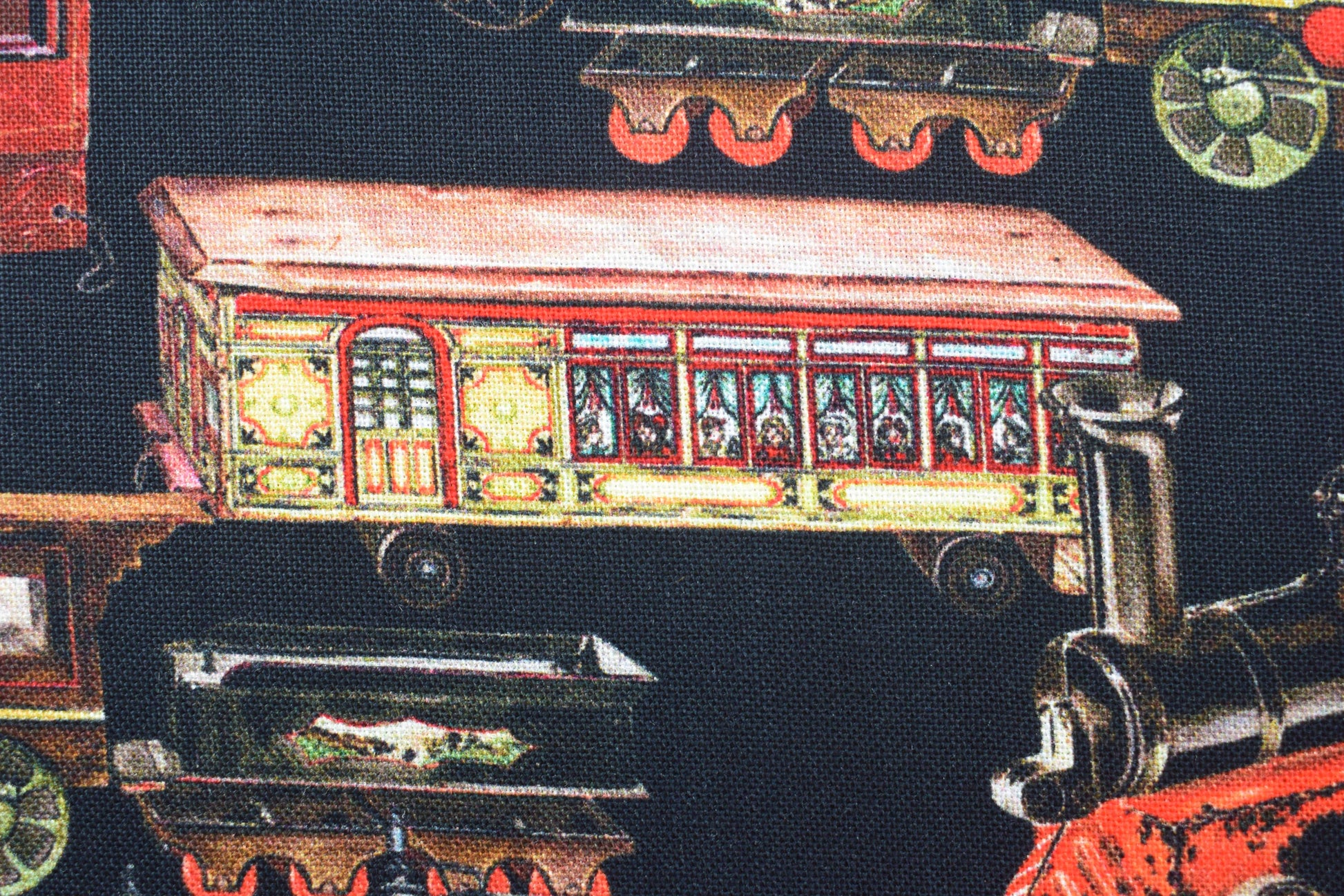 Vintage Toy Trains 100% Cotton Quilting Fabric - Black Background Library of Rarities Robert Kaufman, Price by the Half Metre - The Quilt Sanctuary