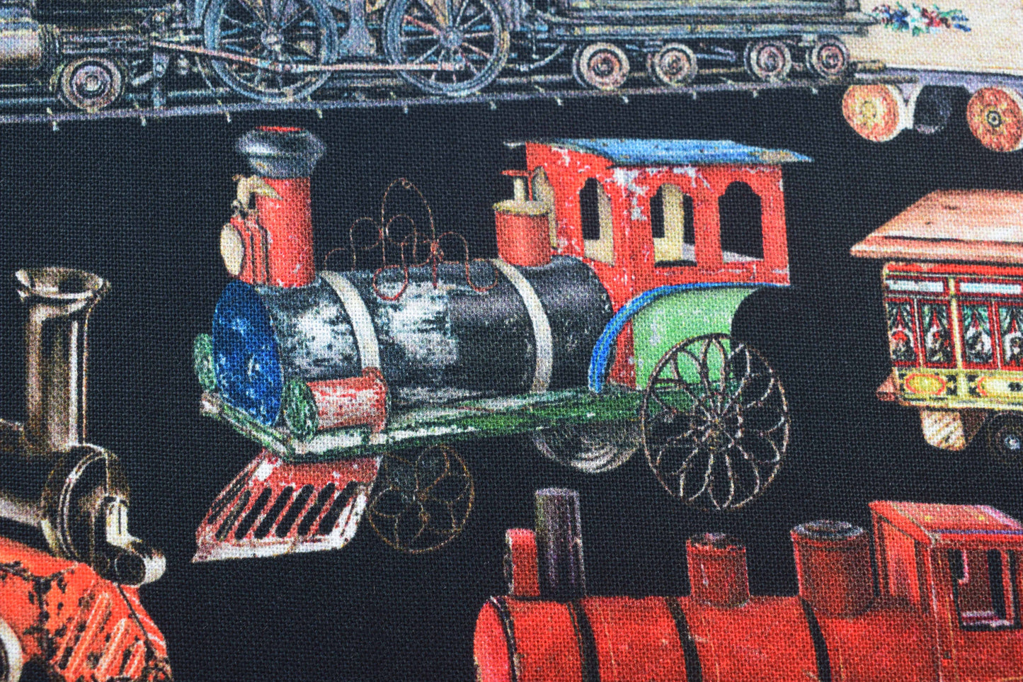 Vintage Toy Trains 100% Cotton Quilting Fabric - Black Background Library of Rarities Robert Kaufman, Price by the Half Metre - The Quilt Sanctuary