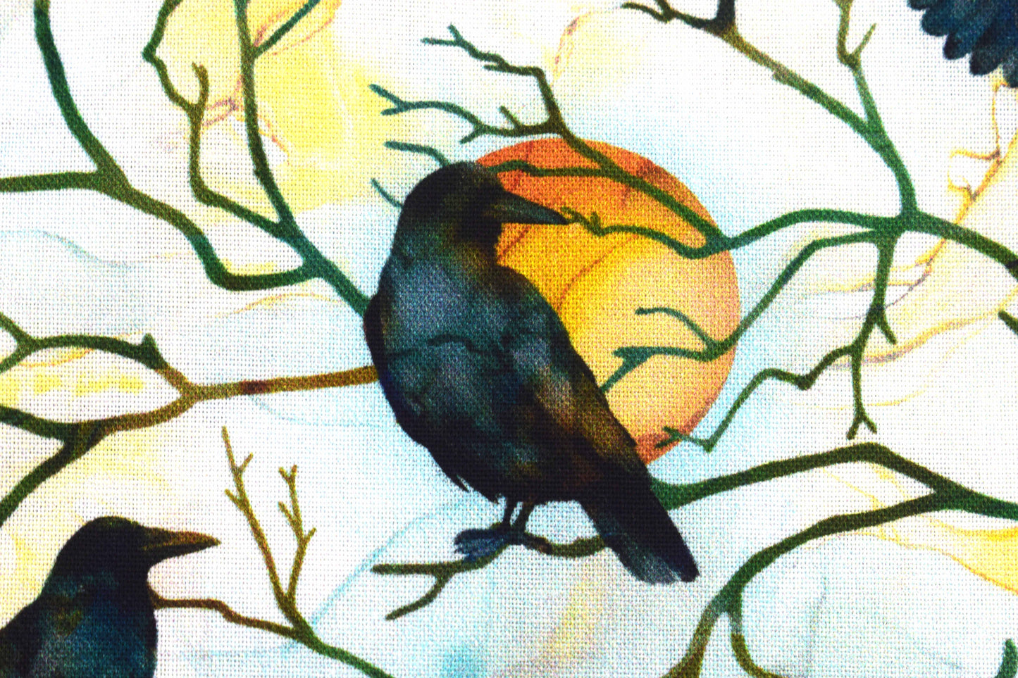 Raven Moon Quilting Fabric - Black Crows & Full Moon Watercolour Cotton - Price per half Metre