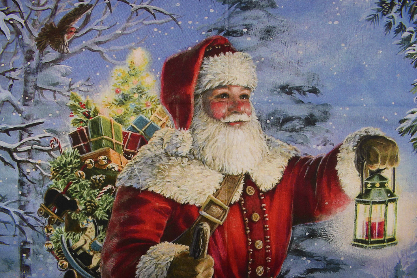 Santa in Snowy Forest with Lantern Christmas Fabric Panel