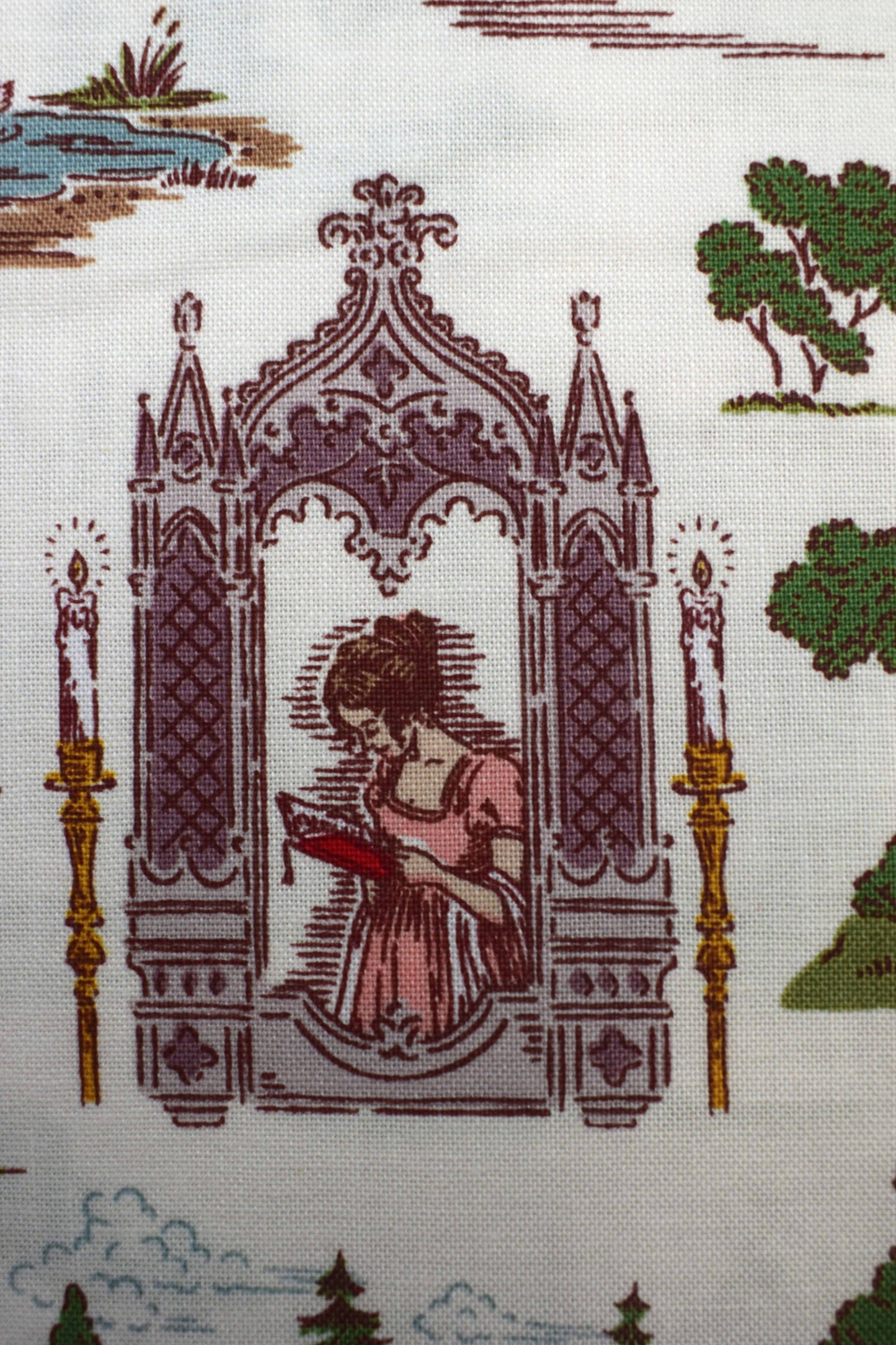 Northanger Abbey cotton fabric with vintage architecture & countryside print - Price by Half Metre