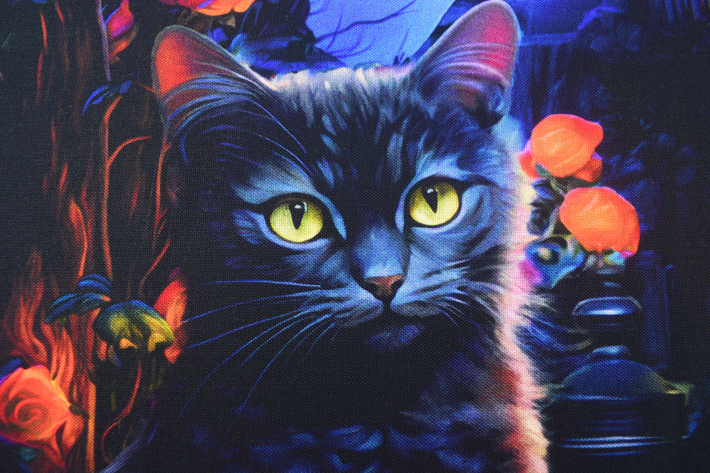 Halloween fabric quilting panel, Cats, Witches and haunted house