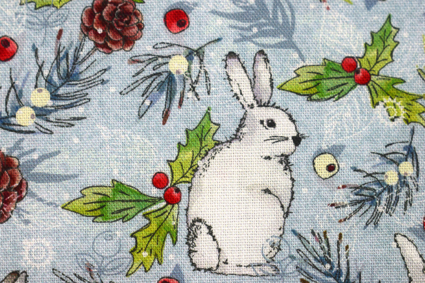 Winter Rabbits Cotton Quilting Fabric – Woodland Christmas Print for Crafts - Price by Half Metre