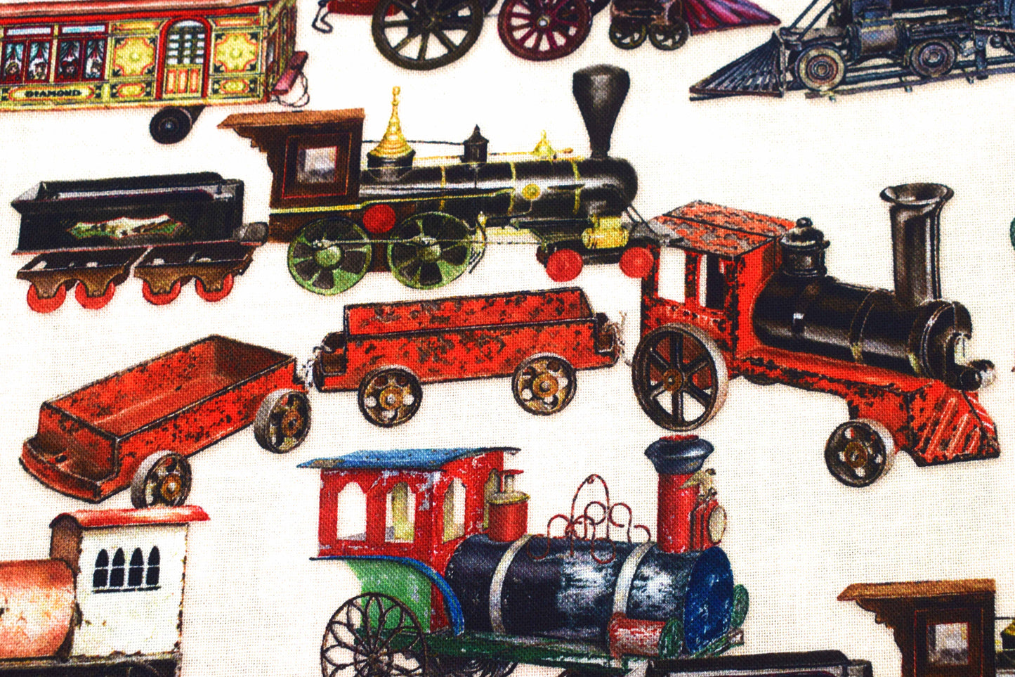 Cream Vintage Toy Trains Cotton Quilting Fabric - Robert Kaufman - Price by Half Metre