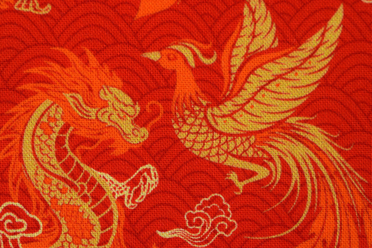 Dragon and Phoenix Quilting Fabric Red Gold Asian Mythical Design -  Price by the Half Metre