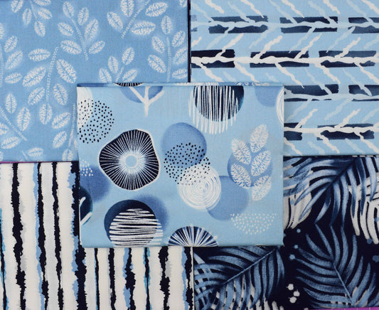 Indigo Elements, Blue Floral fat Quarter Bundle,cotton Quilting fabric by Stuart Hillard