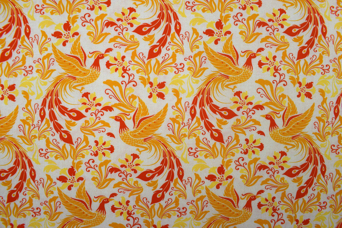 Phoenix Golden Flight Quilting Fabric, Orange Yellow Bird & Floral Print -  Price by the Half Metre