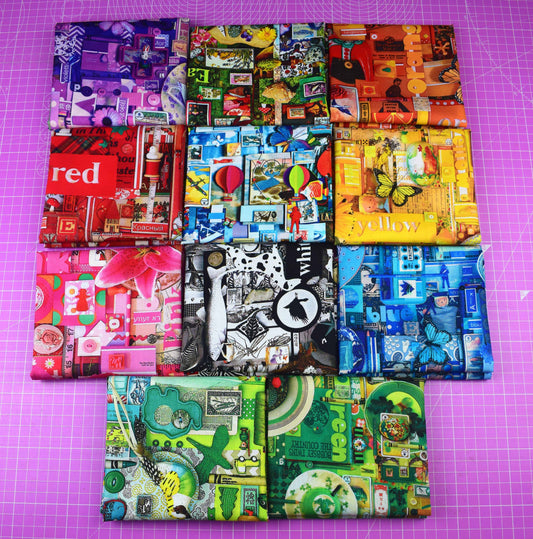 Multi colored fat Quarter Bundle, Rainbow blender fabric, Colour Collage, digitally printed cotton quilting fabric