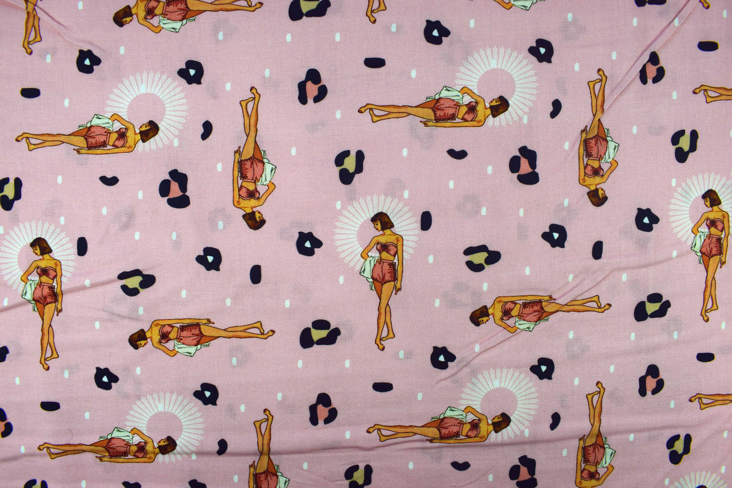 Retro Pin-Up Girl Fabric, Pink Kitsch Leopard Print Cotton -  Price by the Half Metre