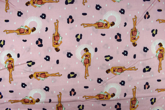 Retro Pin-Up Girl Fabric, Pink Kitsch Leopard Print Cotton -  Price by the Half Metre