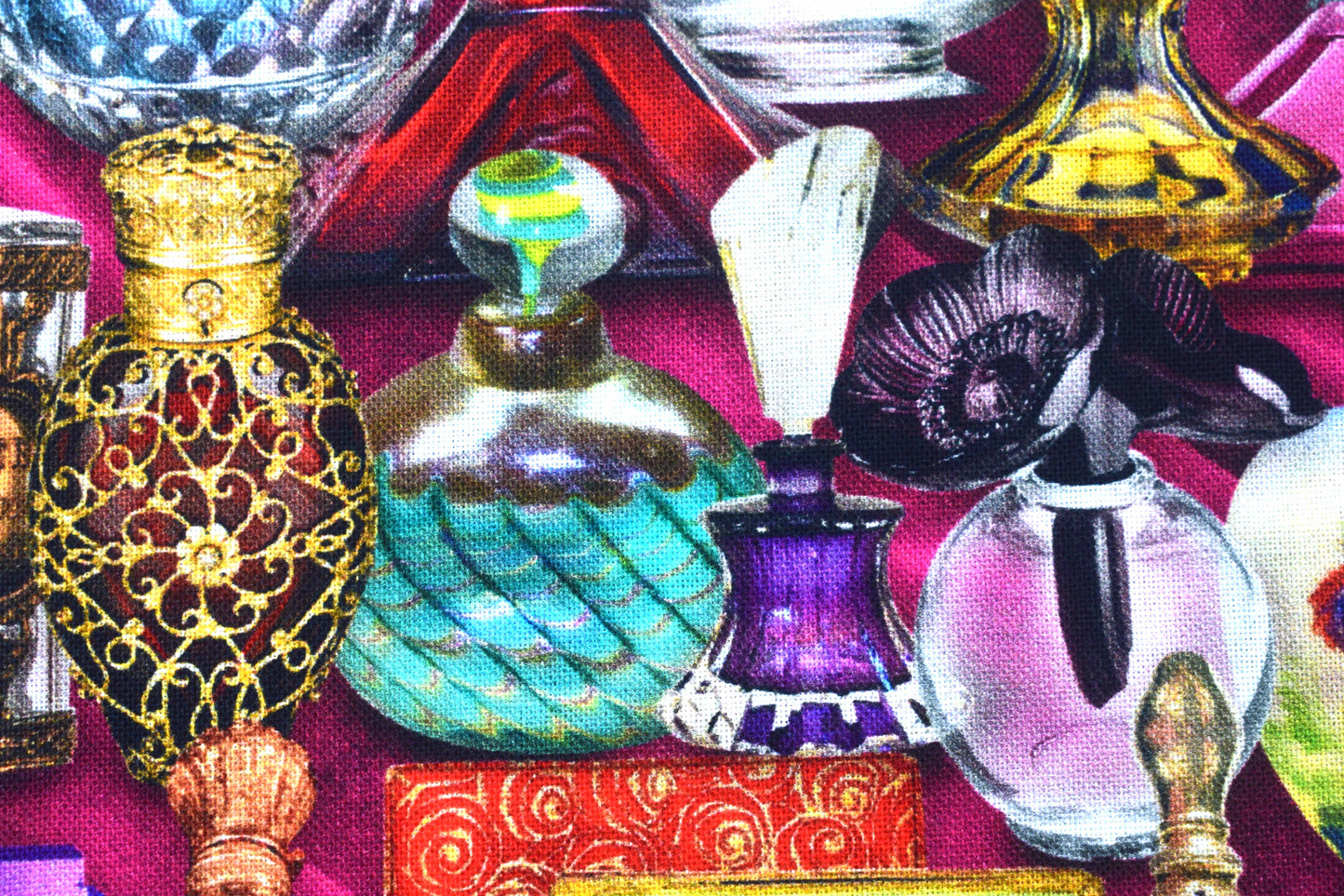 Vintage Perfume Bottles Quilting Fabric - Price by Half Metre - The Quilt Sanctuary