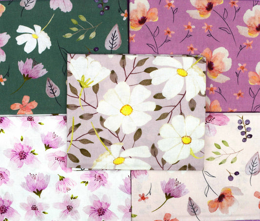 Water colour Blooms fat Quarter Bundle,  pastel cotton fabric, Wildflower prints - The Quilt Sanctuary