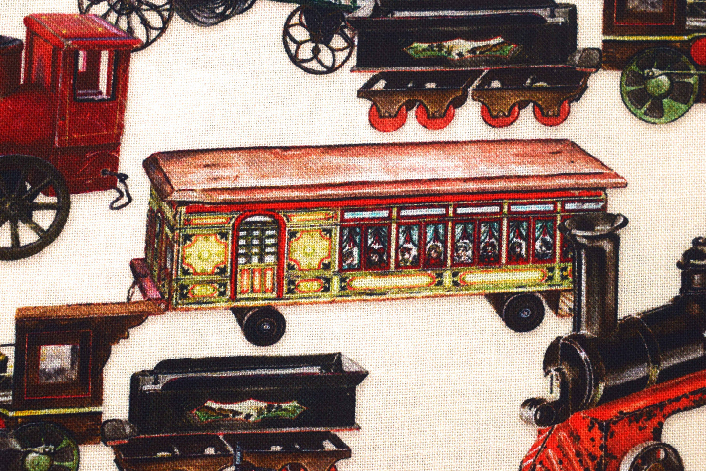 Cream Vintage Toy Trains Cotton Quilting Fabric - Robert Kaufman - Price by Half Metre