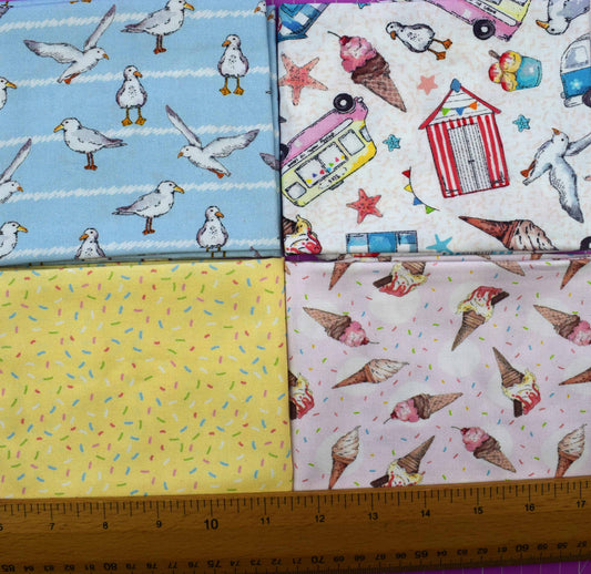 Beach Day Fabric Fat Quarter Bundle 4pc Seagull Ice Cream Sprinkles Quilting Cotton - The Quilt Sanctuary