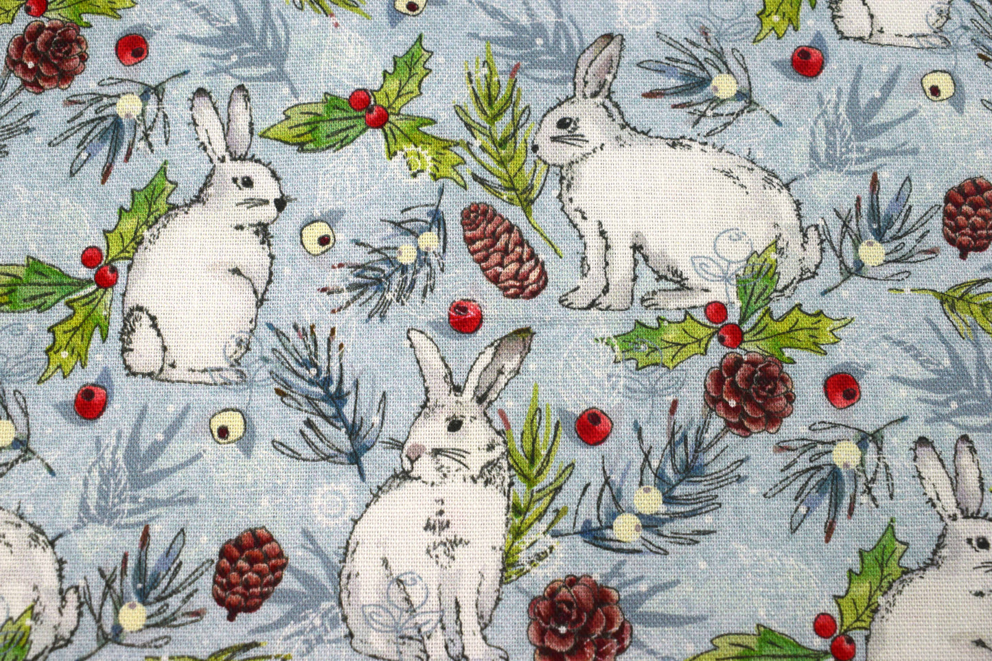 Winter Rabbits Cotton Quilting Fabric – Woodland Christmas Print for Crafts - Price by Half Metre