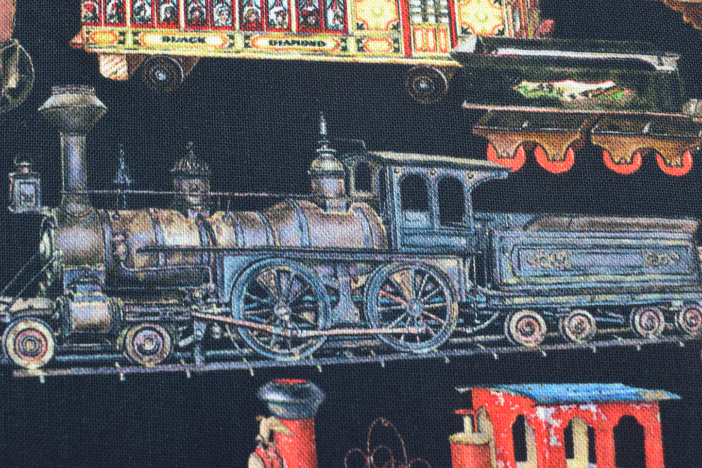 Vintage Toy Trains 100% Cotton Quilting Fabric - Black Background Library of Rarities Robert Kaufman, Price by the Half Metre - The Quilt Sanctuary