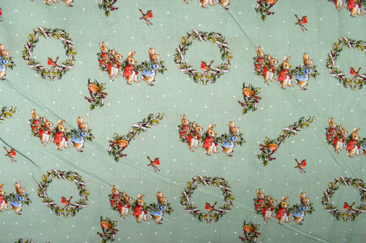 Green Peter Rabbit quilting fabric, Peter Rabbit, Beatrix Potter, holly and Ivy -  Price by the Half Metre - The Quilt Sanctuary