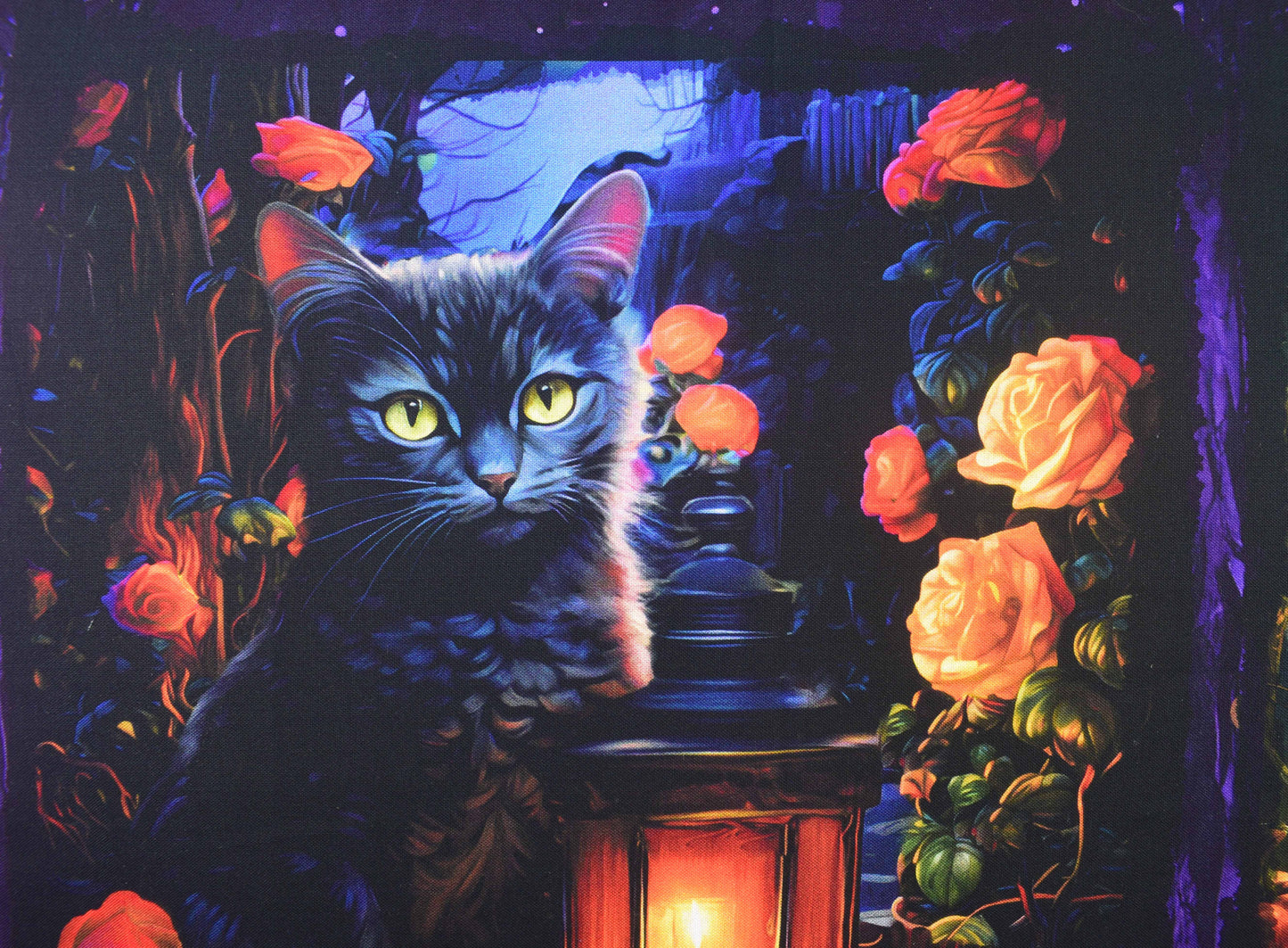 Halloween fabric quilting panel, Cats, Witches and haunted house