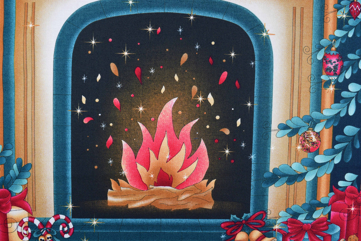 Christmas Fireplace Advent Calendar Quilt Panel with 25 Stockings - PANEL ONLY