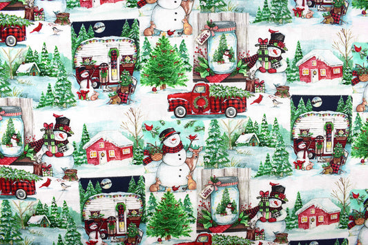Winter Barns & Snowmen Cotton Fabric – Rustic Christmas Countryside Print - Price by Half Metre - The Quilt Sanctuary