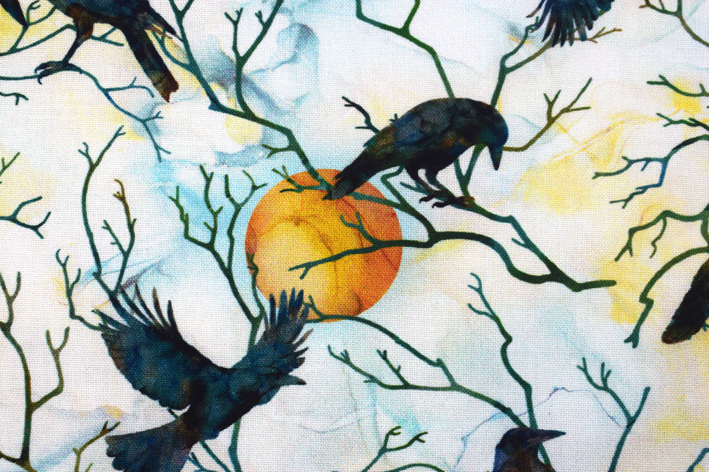 Raven Moon Quilting Fabric - Black Crows & Full Moon Watercolour Cotton - Price per half Metre