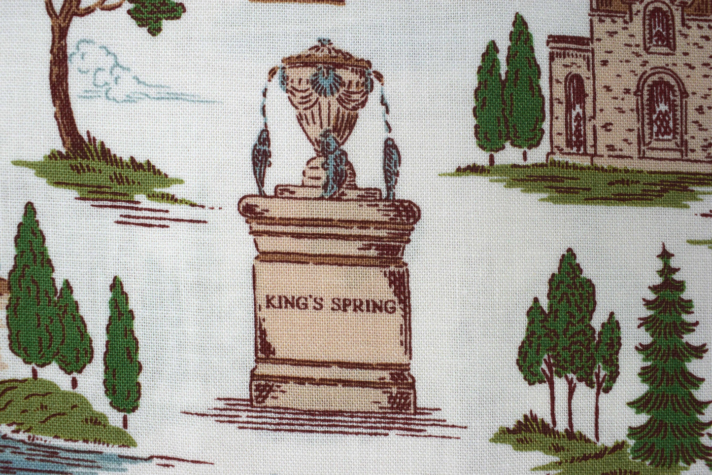 Northanger Abbey cotton fabric with vintage architecture & countryside print - Price by Half Metre