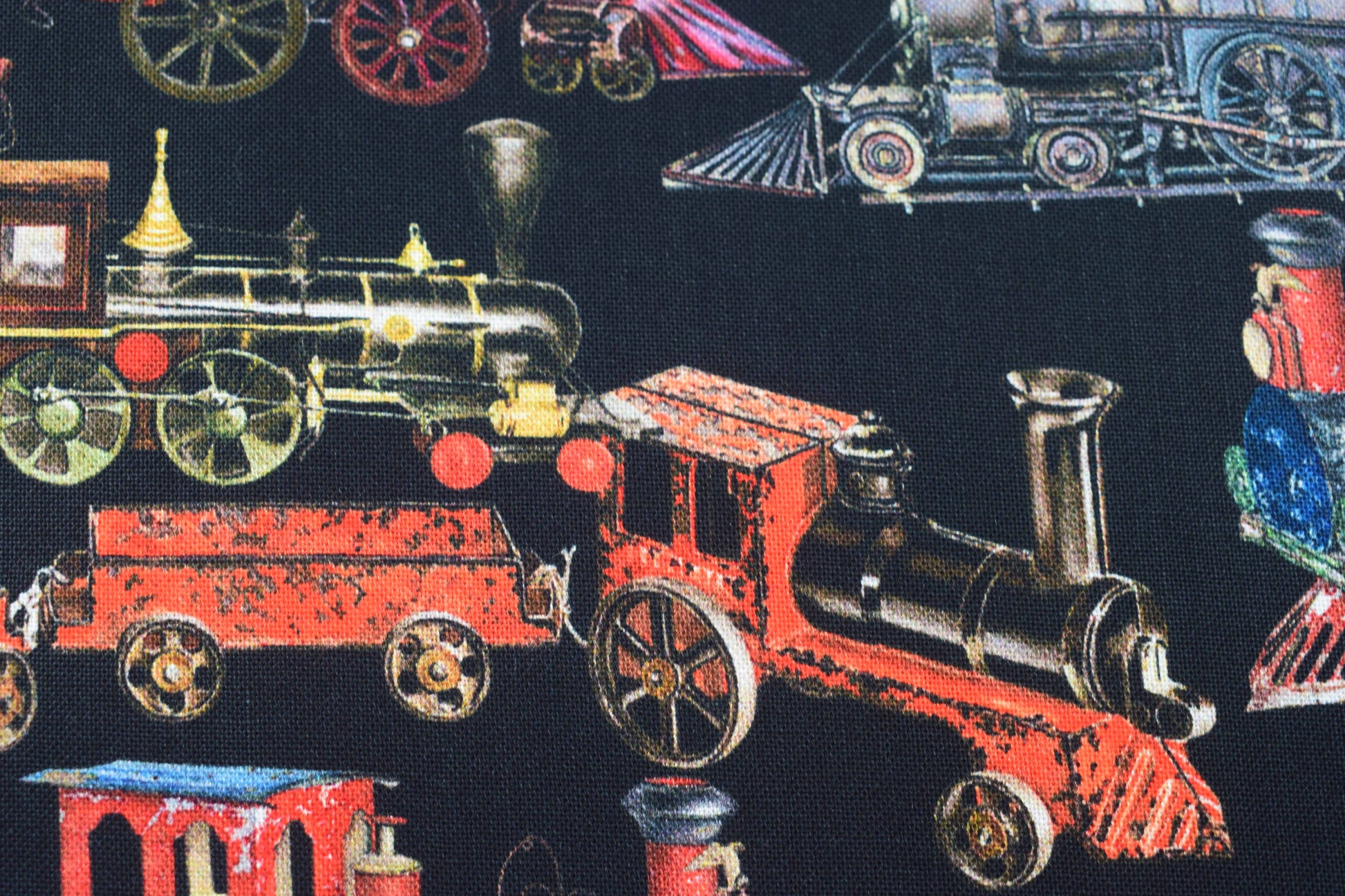Vintage Toy Trains 100% Cotton Quilting Fabric - Black Background Library of Rarities Robert Kaufman, Price by the Half Metre - The Quilt Sanctuary