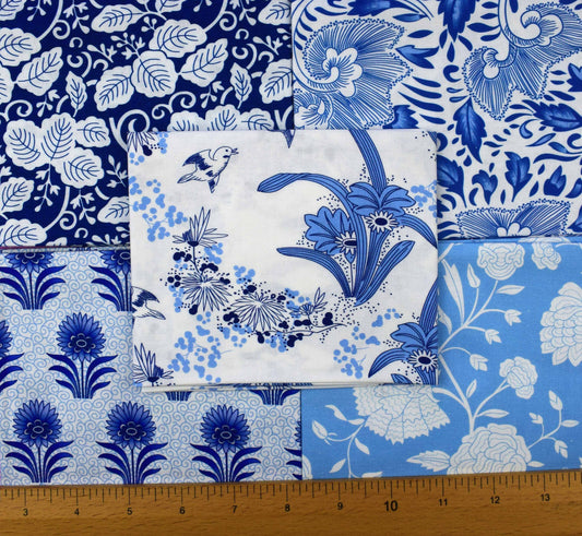 Blue and white Floral fat Quarter Bundle, Ornamental blues, quilting fabric - The Quilt Sanctuary