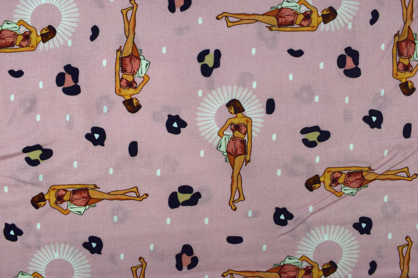 Retro Pin-Up Girl Fabric, Pink Kitsch Leopard Print Cotton -  Price by the Half Metre