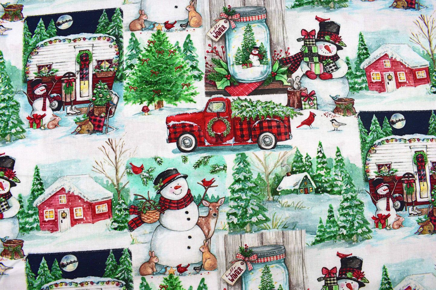Winter Barns & Snowmen Cotton Fabric – Rustic Christmas Countryside Print - Price by Half Metre
