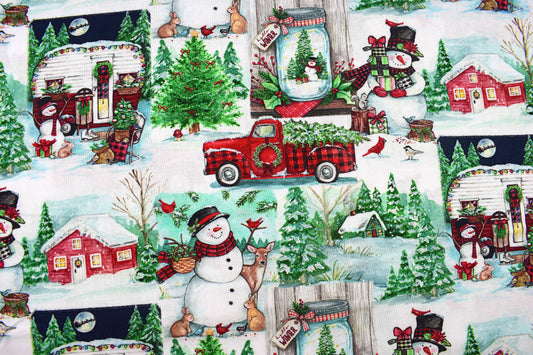 Winter Barns & Snowmen Cotton Fabric – Rustic Christmas Countryside Print - Price by Half Metre - The Quilt Sanctuary