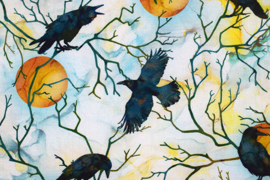 Raven Moon Quilting Fabric - Black Crows & Full Moon Watercolour Cotton - Price per half Metre