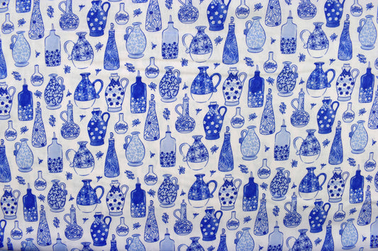 Blue Grecian Vase and Floral Print Quilting Fabric - Price by Half Metre