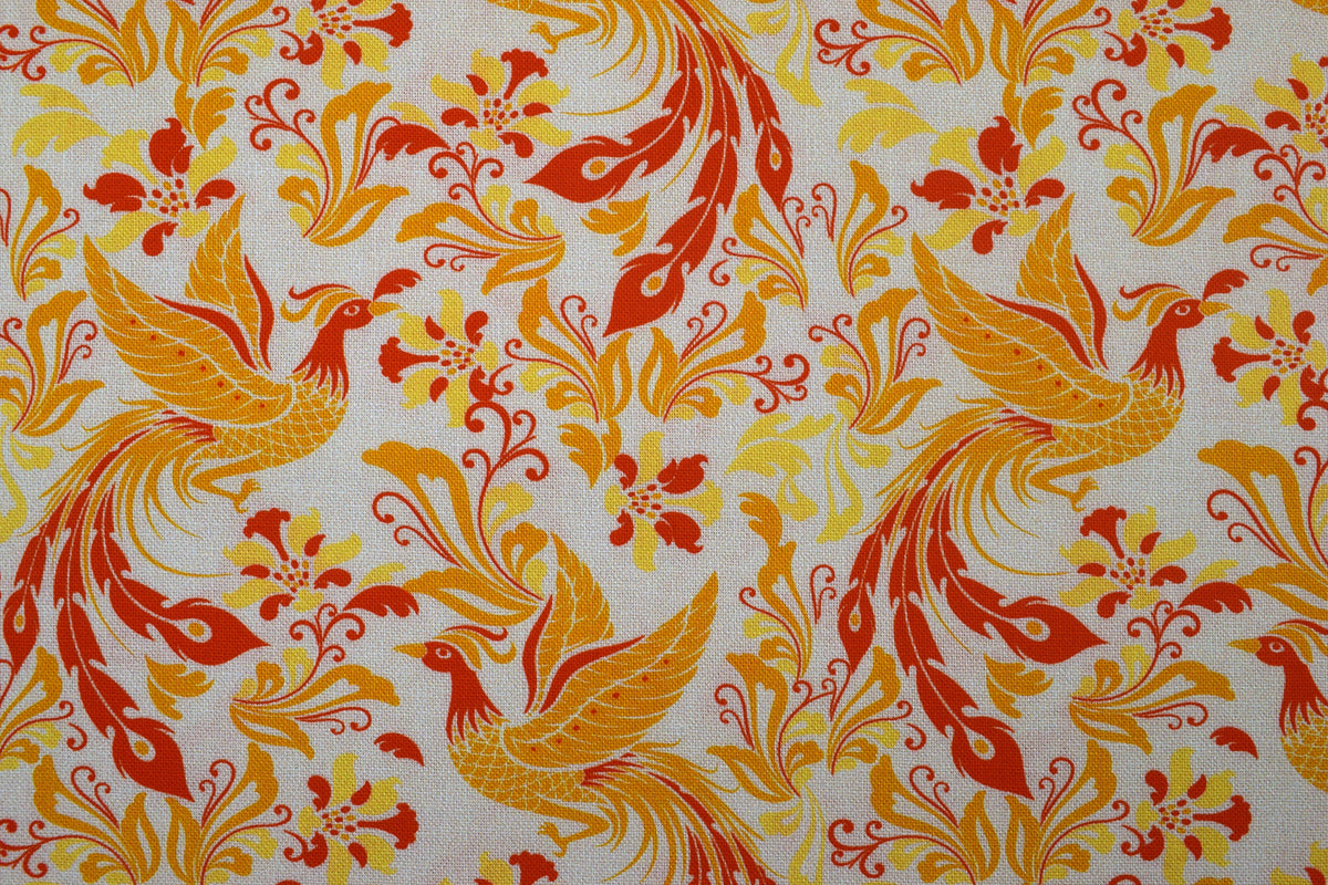 Phoenix Golden Flight Quilting Fabric, Orange Yellow Bird & Floral Print -  Price by the Half Metre