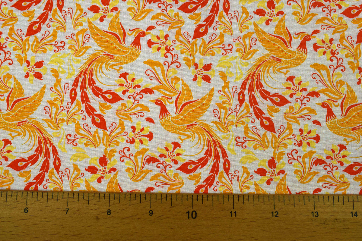 Phoenix Golden Flight Quilting Fabric, Orange Yellow Bird & Floral Print -  Price by the Half Metre