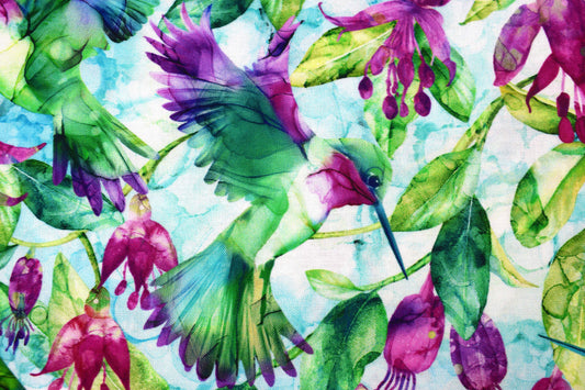 Hummingbird Quilting fabric, Watercolour style print - Price by the Half Metre - The Quilt Sanctuary