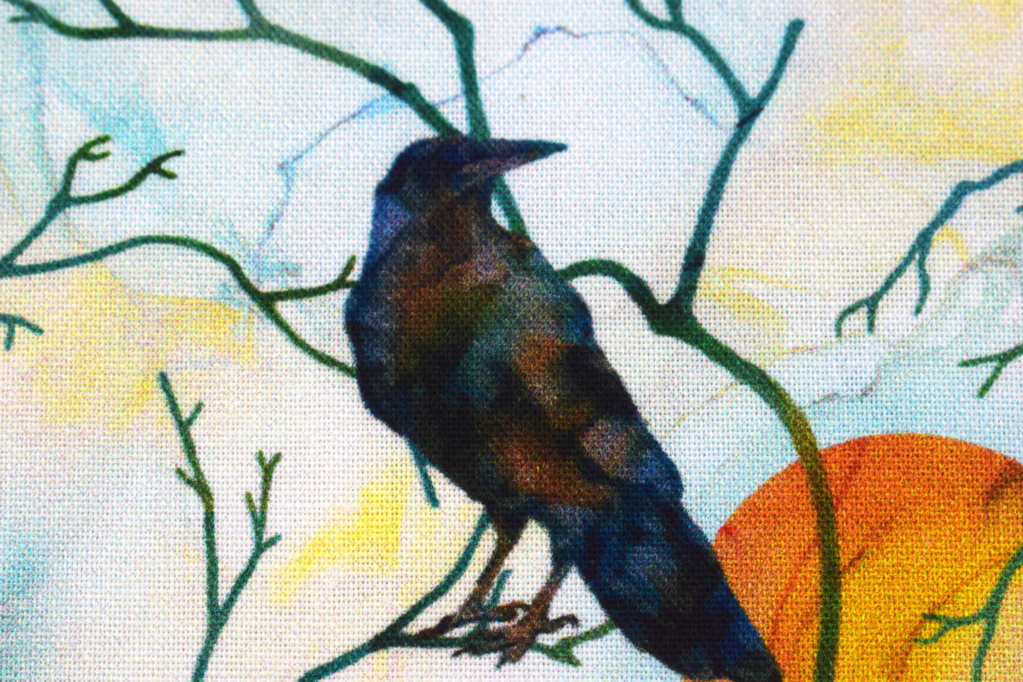 Raven Moon Quilting Fabric - Black Crows & Full Moon Watercolour Cotton - Price per half Metre